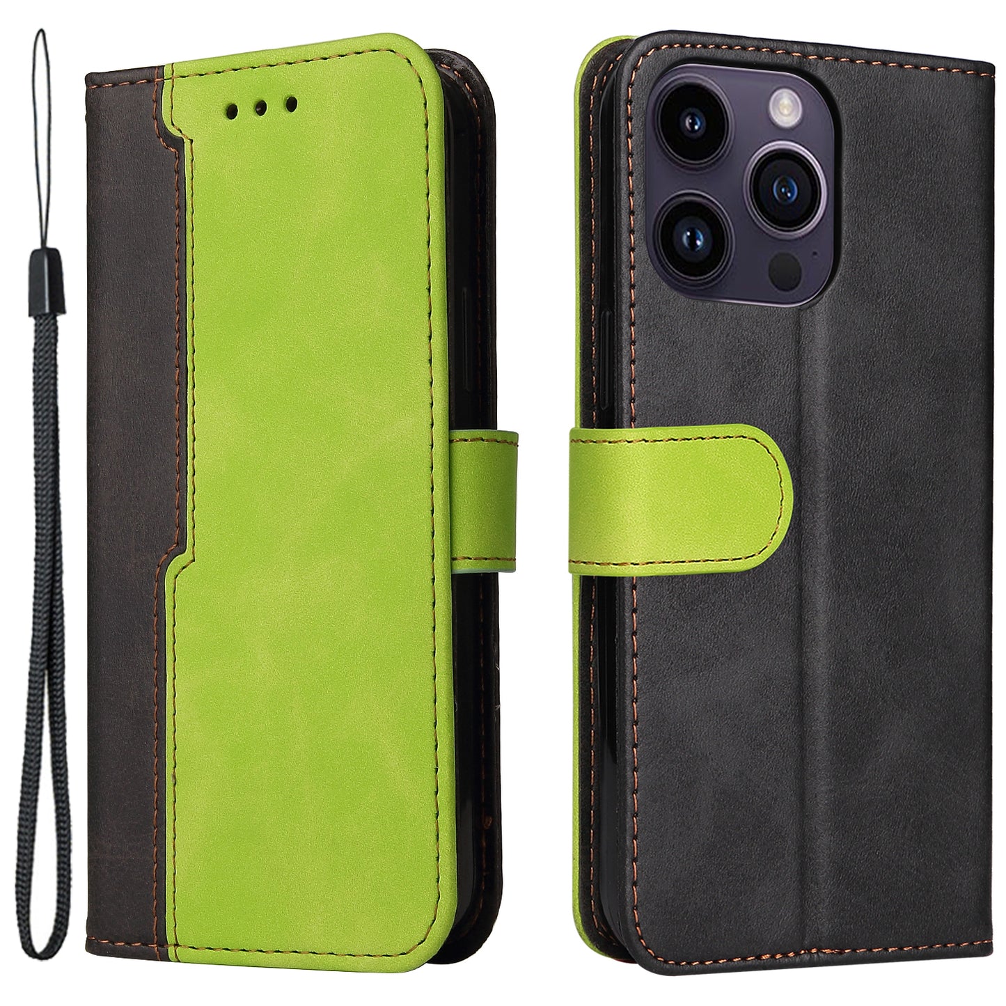 Stand Wallet Shell for iPhone 15 Ultra Business Style Phone Case Dual-color Splicing PU Leather Cover - Green