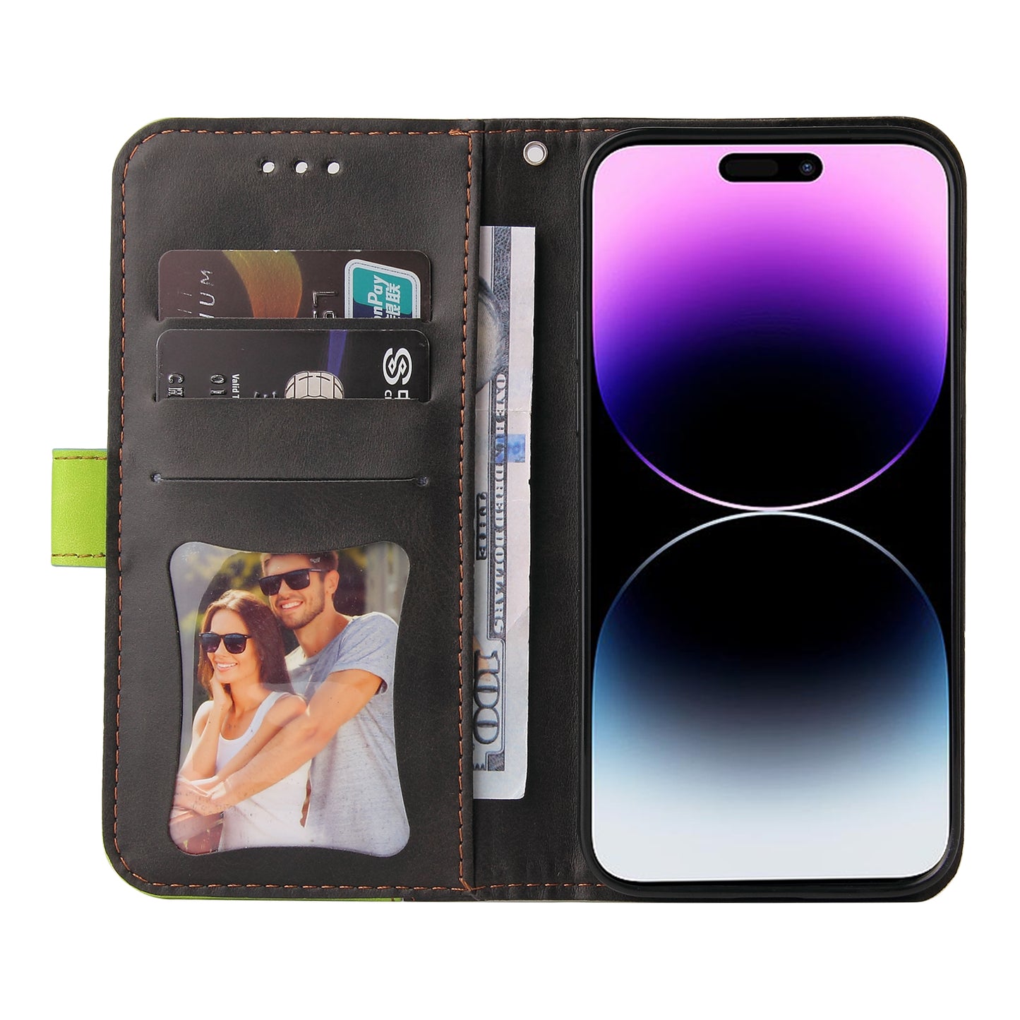 Stand Wallet Shell for iPhone 15 Ultra Business Style Phone Case Dual-color Splicing PU Leather Cover - Green