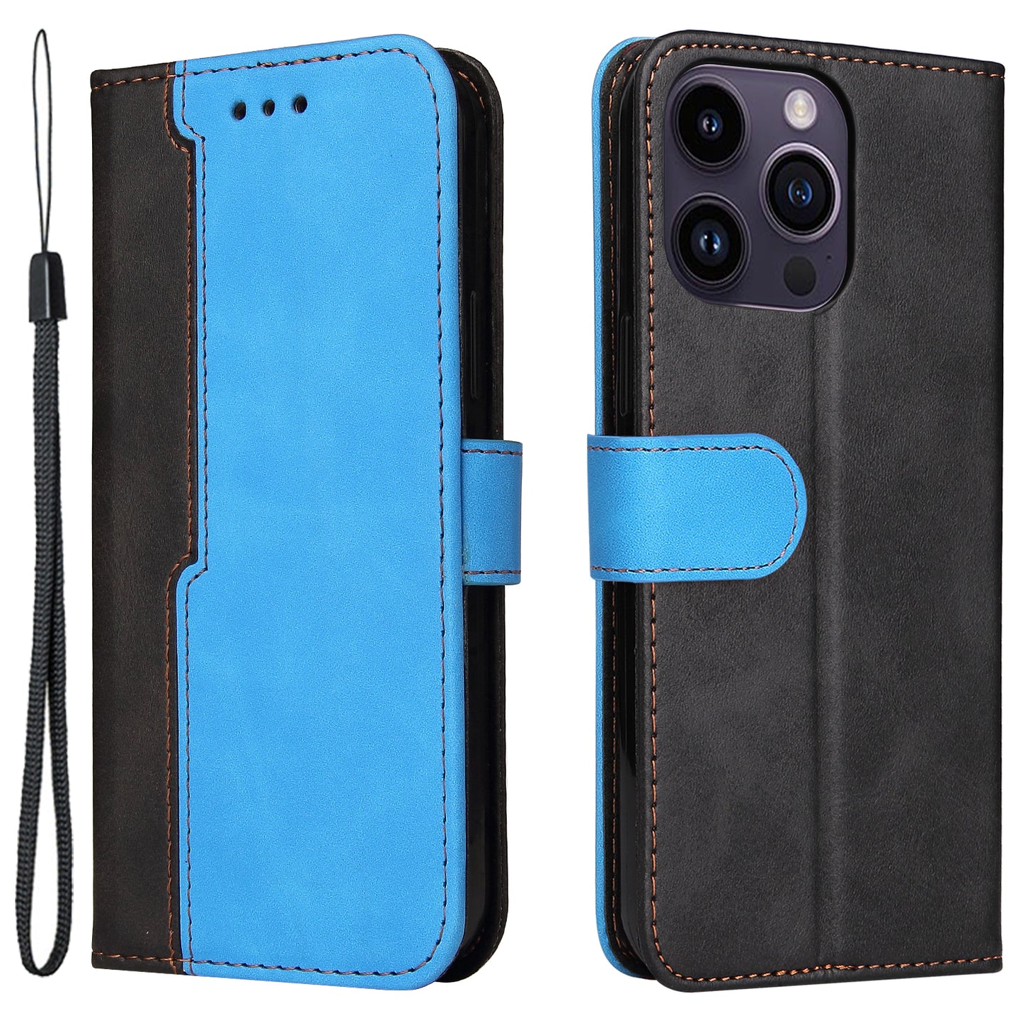 Stand Wallet Shell for iPhone 15 Ultra Business Style Phone Case Dual-color Splicing PU Leather Cover - Blue