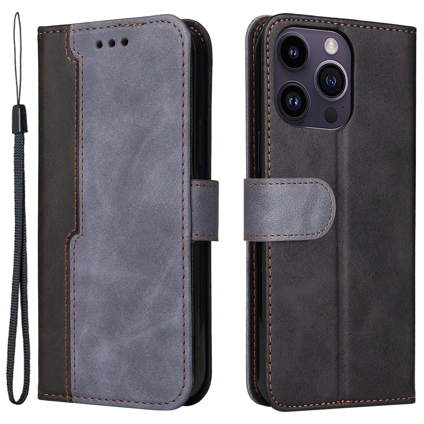 Stand Wallet Shell for iPhone 15 Ultra Business Style Phone Case Dual-color Splicing PU Leather Cover - Grey