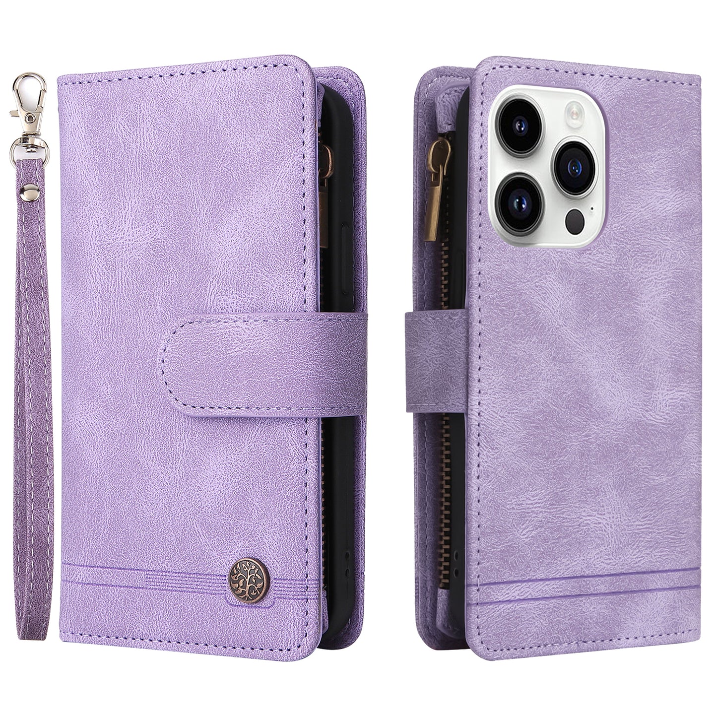 Uniqkart for iPhone 15 Ultra Zipper Pocket Phone Case Imprinted Skin-touch Wallet Stand PU Leather Cover with Multiple Card Slots - Purple