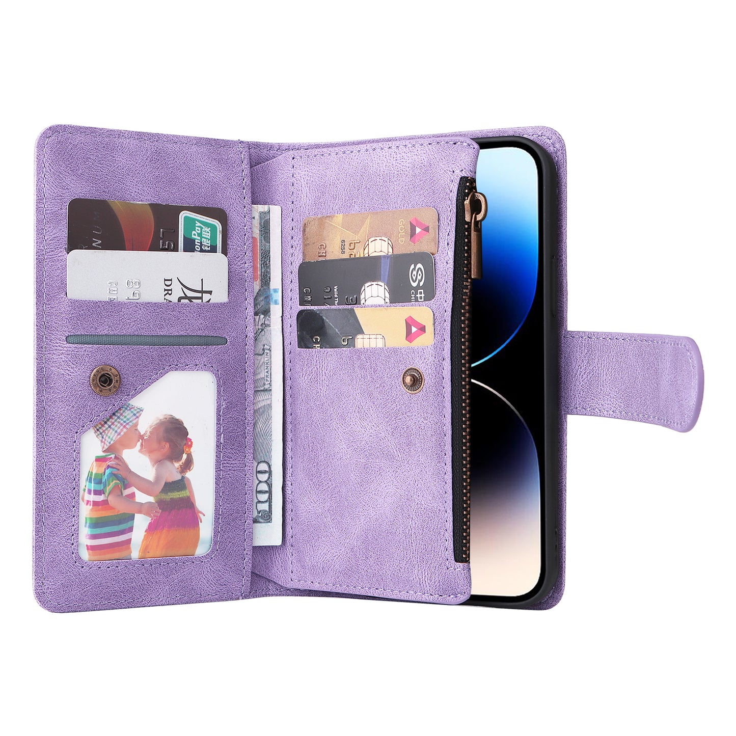 Uniqkart for iPhone 15 Ultra Zipper Pocket Phone Case Imprinted Skin-touch Wallet Stand PU Leather Cover with Multiple Card Slots - Purple