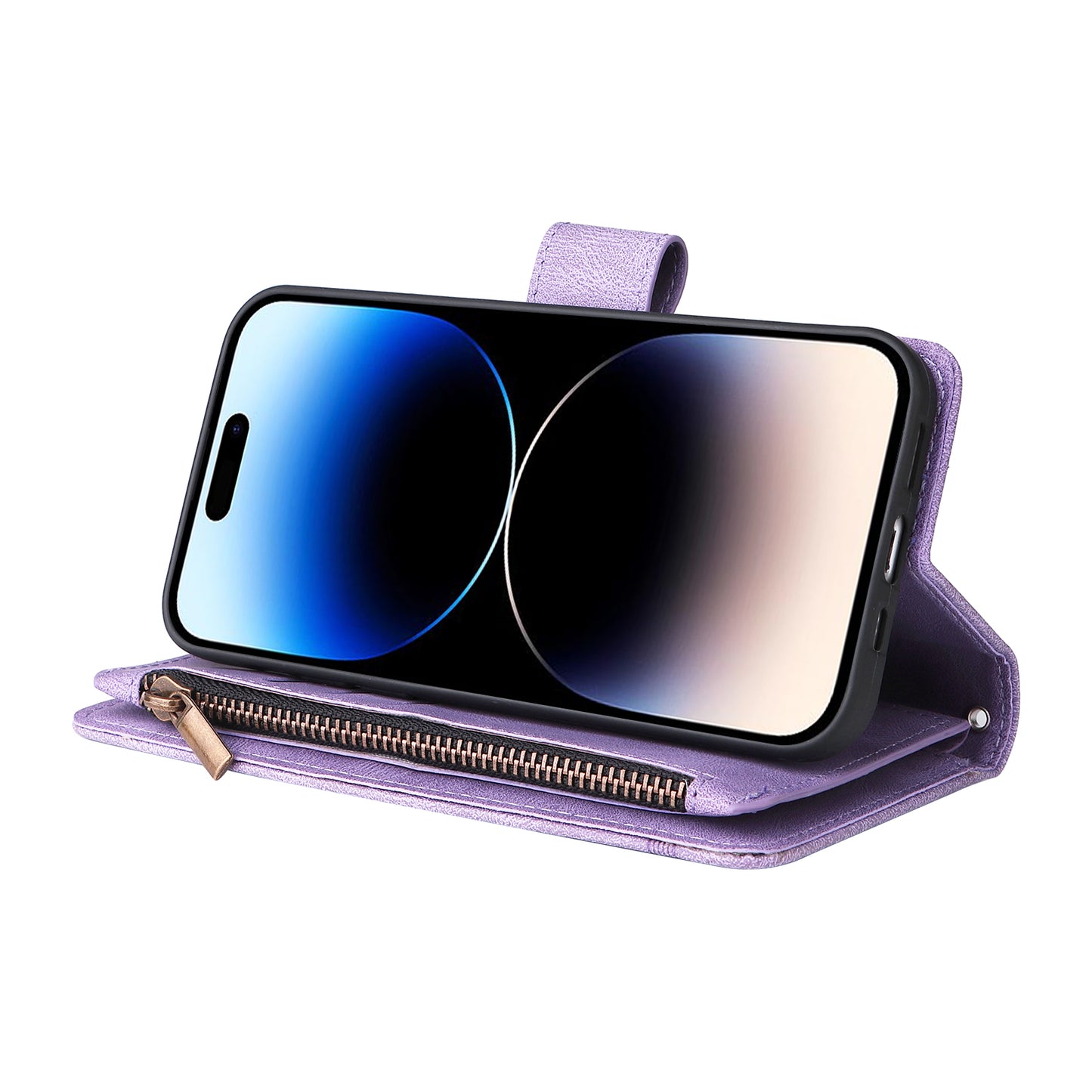 Uniqkart for iPhone 15 Ultra Zipper Pocket Phone Case Imprinted Skin-touch Wallet Stand PU Leather Cover with Multiple Card Slots - Purple