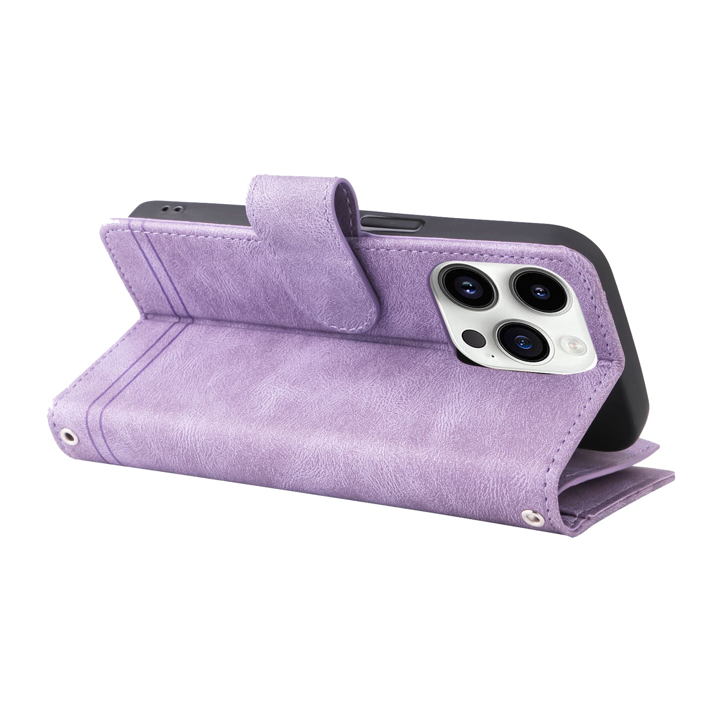 Uniqkart for iPhone 15 Ultra Zipper Pocket Phone Case Imprinted Skin-touch Wallet Stand PU Leather Cover with Multiple Card Slots - Purple
