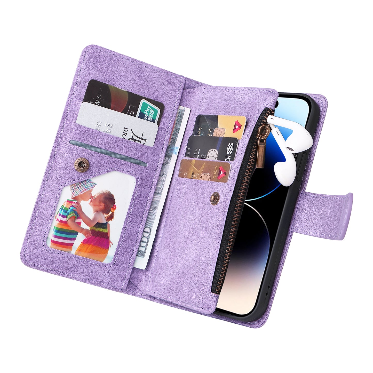 Uniqkart for iPhone 15 Ultra Zipper Pocket Phone Case Imprinted Skin-touch Wallet Stand PU Leather Cover with Multiple Card Slots - Purple