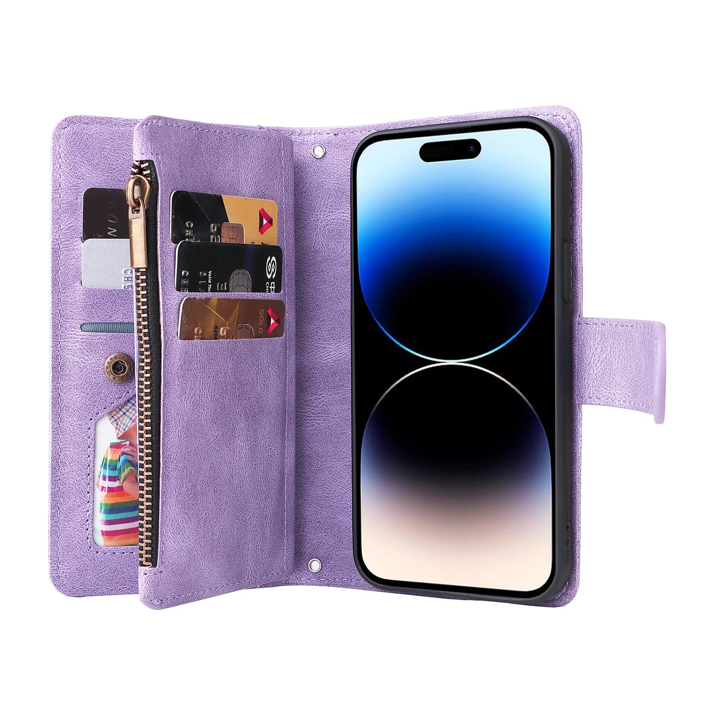 Uniqkart for iPhone 15 Ultra Zipper Pocket Phone Case Imprinted Skin-touch Wallet Stand PU Leather Cover with Multiple Card Slots - Purple