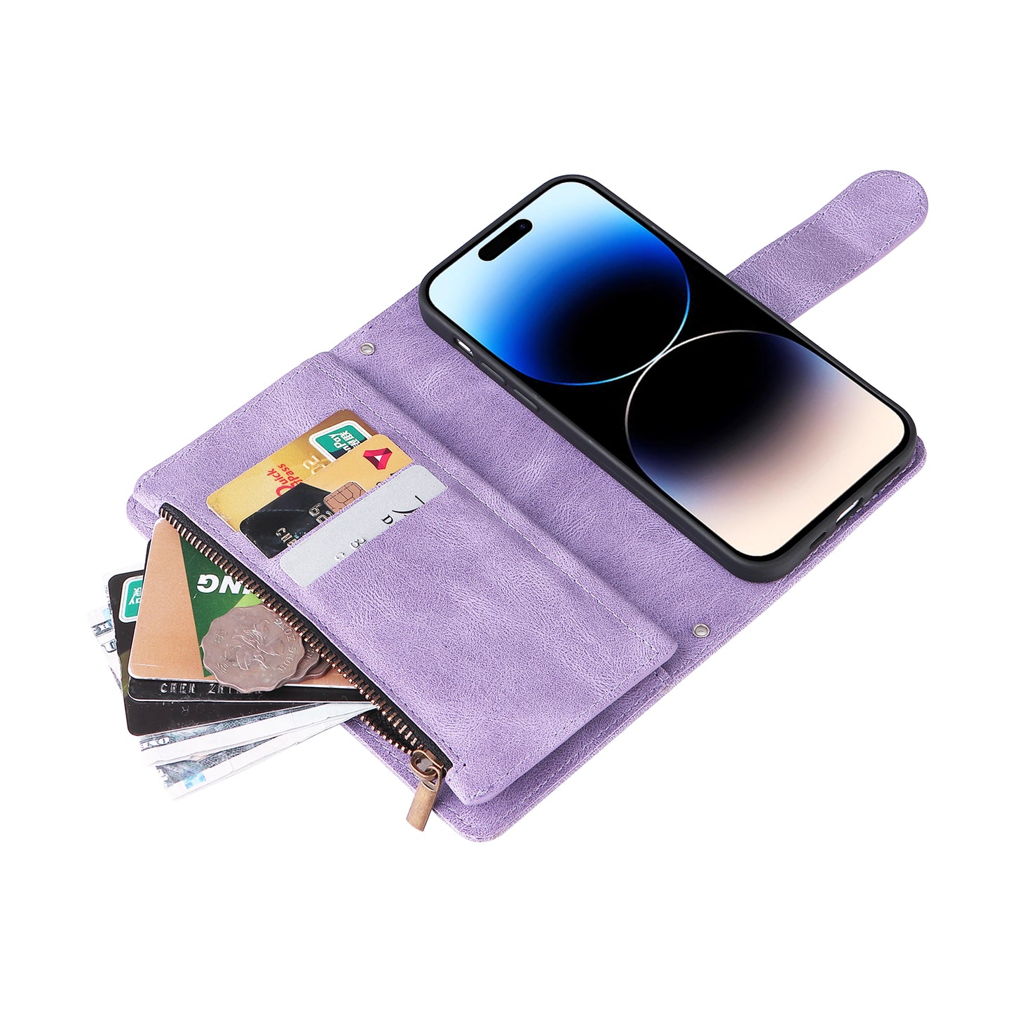 Uniqkart for iPhone 15 Ultra Zipper Pocket Phone Case Imprinted Skin-touch Wallet Stand PU Leather Cover with Multiple Card Slots - Purple