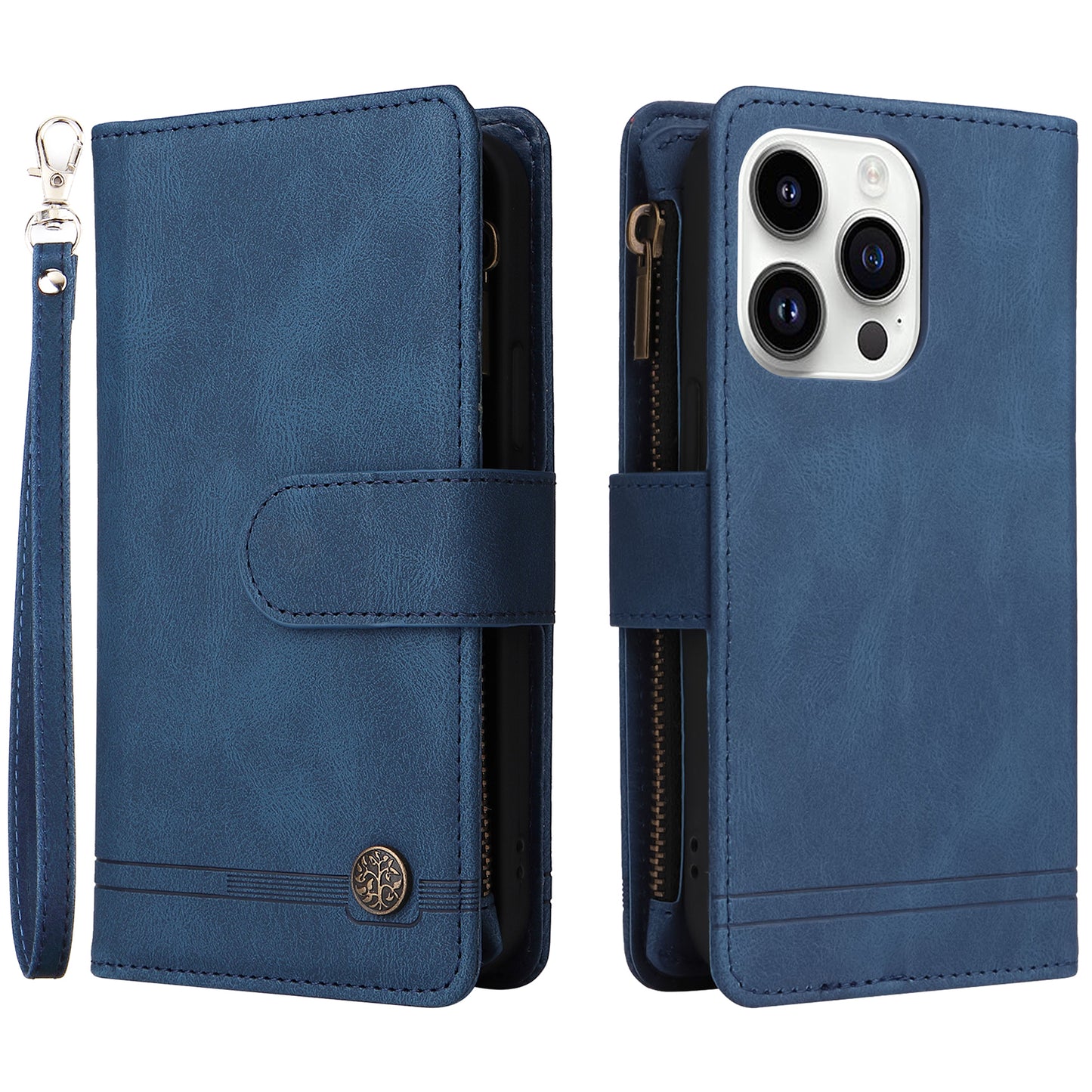 Uniqkart for iPhone 15 Ultra Zipper Pocket Phone Case Imprinted Skin-touch Wallet Stand PU Leather Cover with Multiple Card Slots - Blue