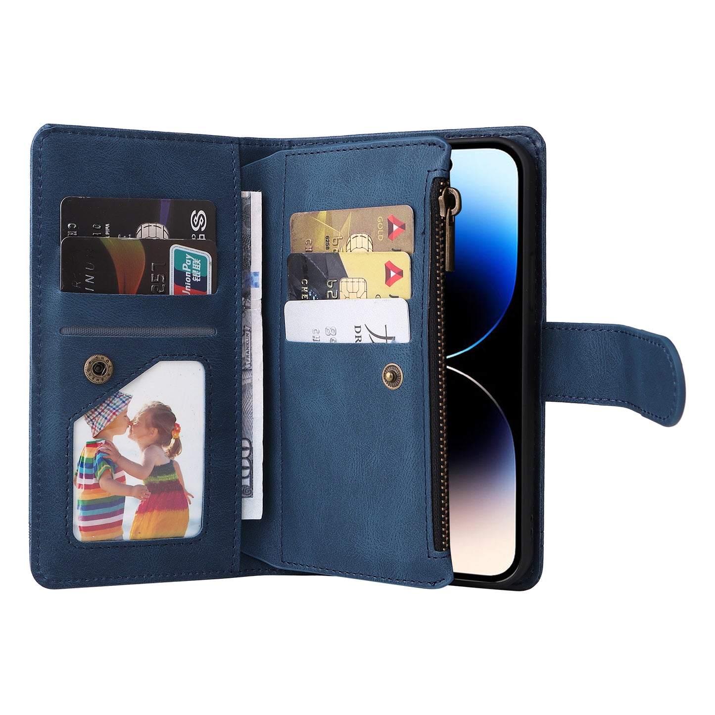 Uniqkart for iPhone 15 Ultra Zipper Pocket Phone Case Imprinted Skin-touch Wallet Stand PU Leather Cover with Multiple Card Slots - Blue
