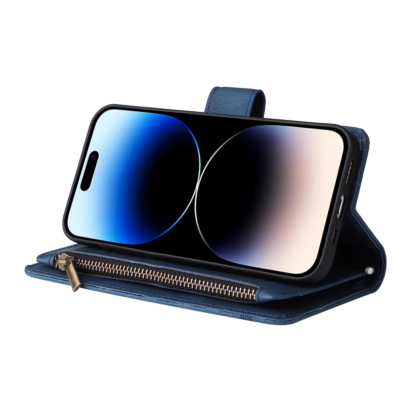 Uniqkart for iPhone 15 Ultra Zipper Pocket Phone Case Imprinted Skin-touch Wallet Stand PU Leather Cover with Multiple Card Slots - Blue