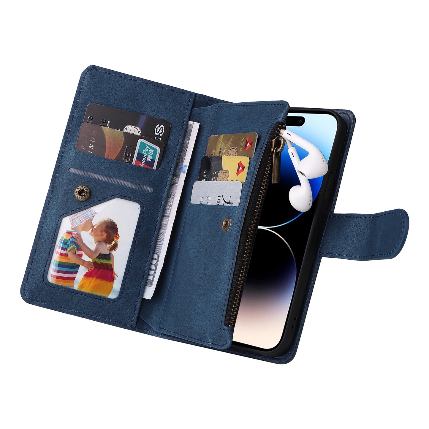 Uniqkart for iPhone 15 Ultra Zipper Pocket Phone Case Imprinted Skin-touch Wallet Stand PU Leather Cover with Multiple Card Slots - Blue