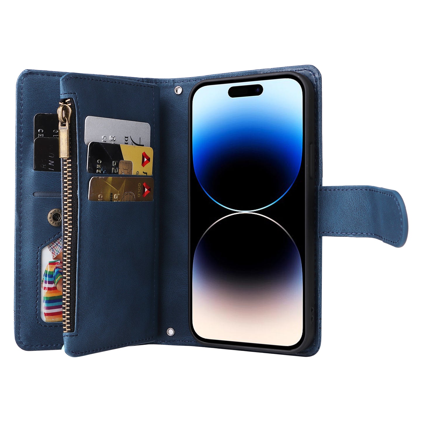 Uniqkart for iPhone 15 Ultra Zipper Pocket Phone Case Imprinted Skin-touch Wallet Stand PU Leather Cover with Multiple Card Slots - Blue