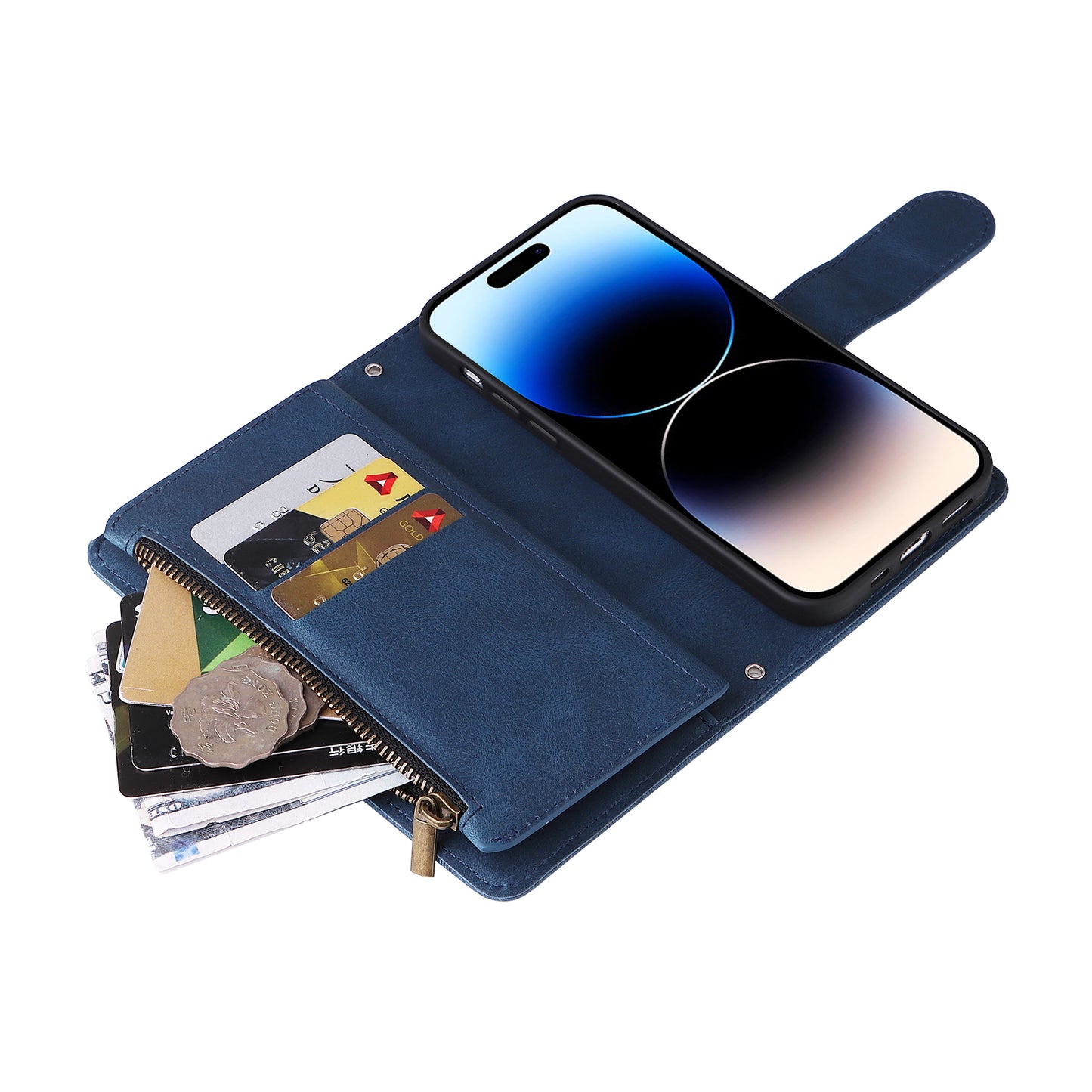 Uniqkart for iPhone 15 Ultra Zipper Pocket Phone Case Imprinted Skin-touch Wallet Stand PU Leather Cover with Multiple Card Slots - Blue