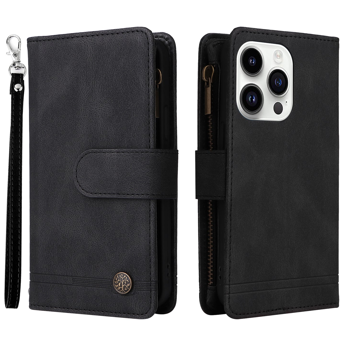 Uniqkart for iPhone 15 Ultra Zipper Pocket Phone Case Imprinted Skin-touch Wallet Stand PU Leather Cover with Multiple Card Slots - Black