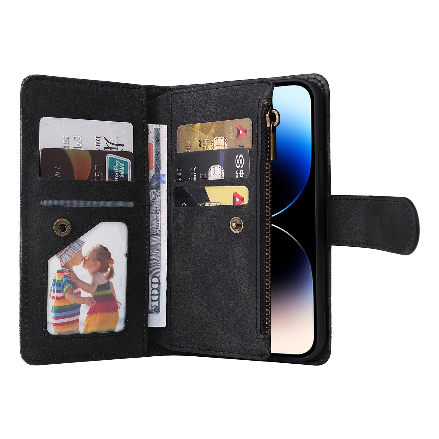 Uniqkart for iPhone 15 Ultra Zipper Pocket Phone Case Imprinted Skin-touch Wallet Stand PU Leather Cover with Multiple Card Slots - Black