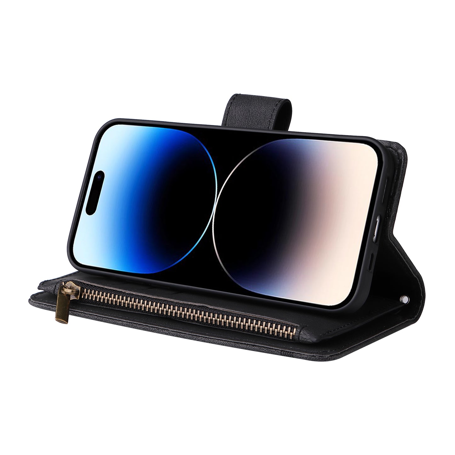 Uniqkart for iPhone 15 Ultra Zipper Pocket Phone Case Imprinted Skin-touch Wallet Stand PU Leather Cover with Multiple Card Slots - Black