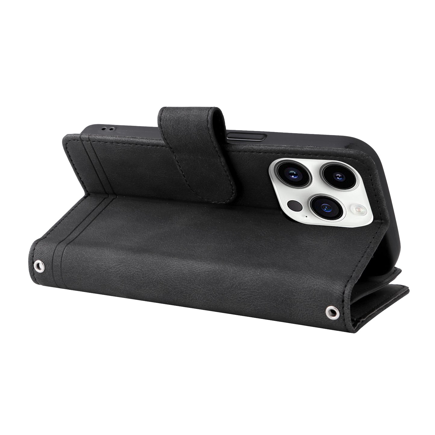 Uniqkart for iPhone 15 Ultra Zipper Pocket Phone Case Imprinted Skin-touch Wallet Stand PU Leather Cover with Multiple Card Slots - Black