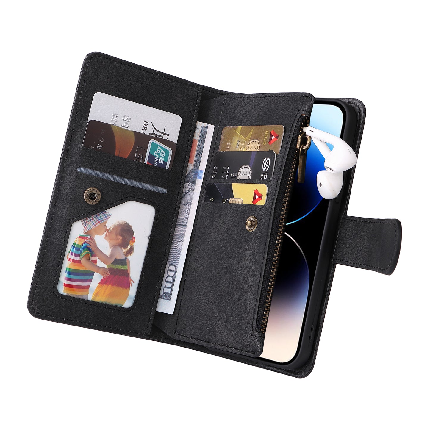 Uniqkart for iPhone 15 Ultra Zipper Pocket Phone Case Imprinted Skin-touch Wallet Stand PU Leather Cover with Multiple Card Slots - Black