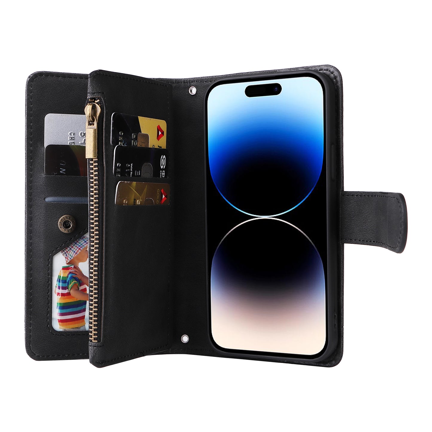 Uniqkart for iPhone 15 Ultra Zipper Pocket Phone Case Imprinted Skin-touch Wallet Stand PU Leather Cover with Multiple Card Slots - Black