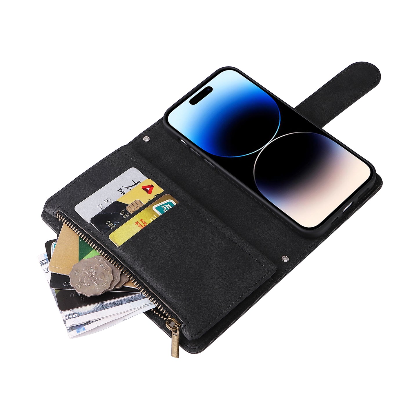 Uniqkart for iPhone 15 Ultra Zipper Pocket Phone Case Imprinted Skin-touch Wallet Stand PU Leather Cover with Multiple Card Slots - Black