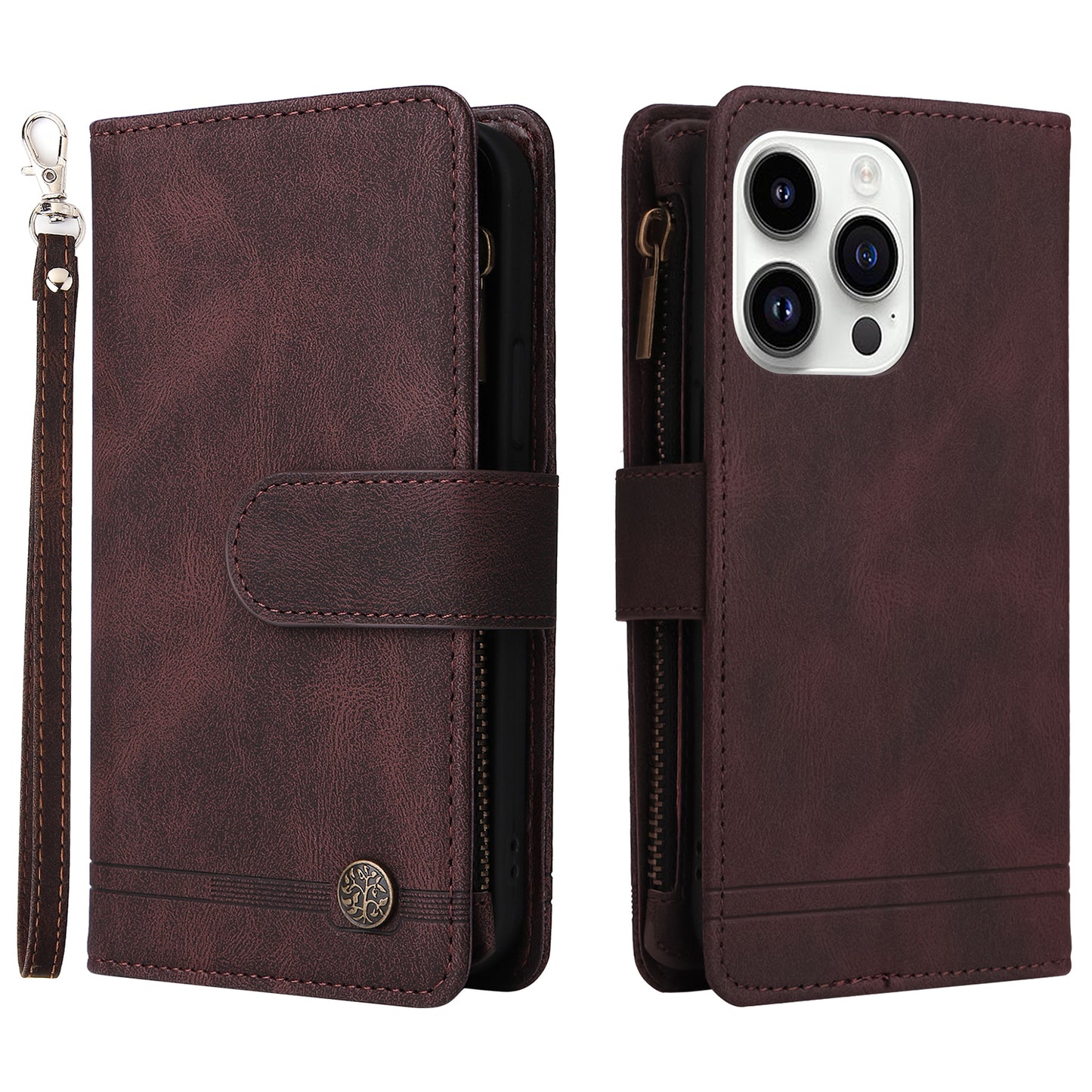 Uniqkart for iPhone 15 Ultra Zipper Pocket Phone Case Imprinted Skin-touch Wallet Stand PU Leather Cover with Multiple Card Slots - Brown