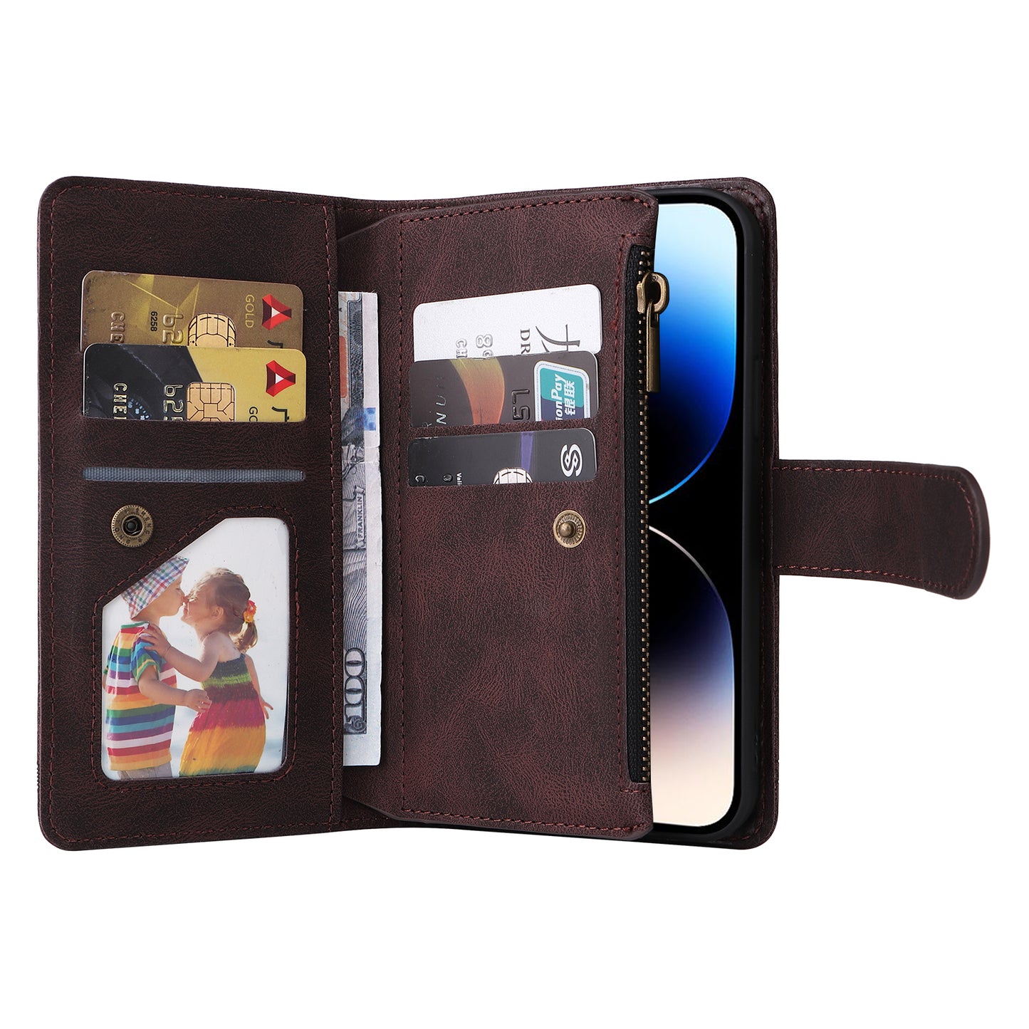 Uniqkart for iPhone 15 Ultra Zipper Pocket Phone Case Imprinted Skin-touch Wallet Stand PU Leather Cover with Multiple Card Slots - Brown