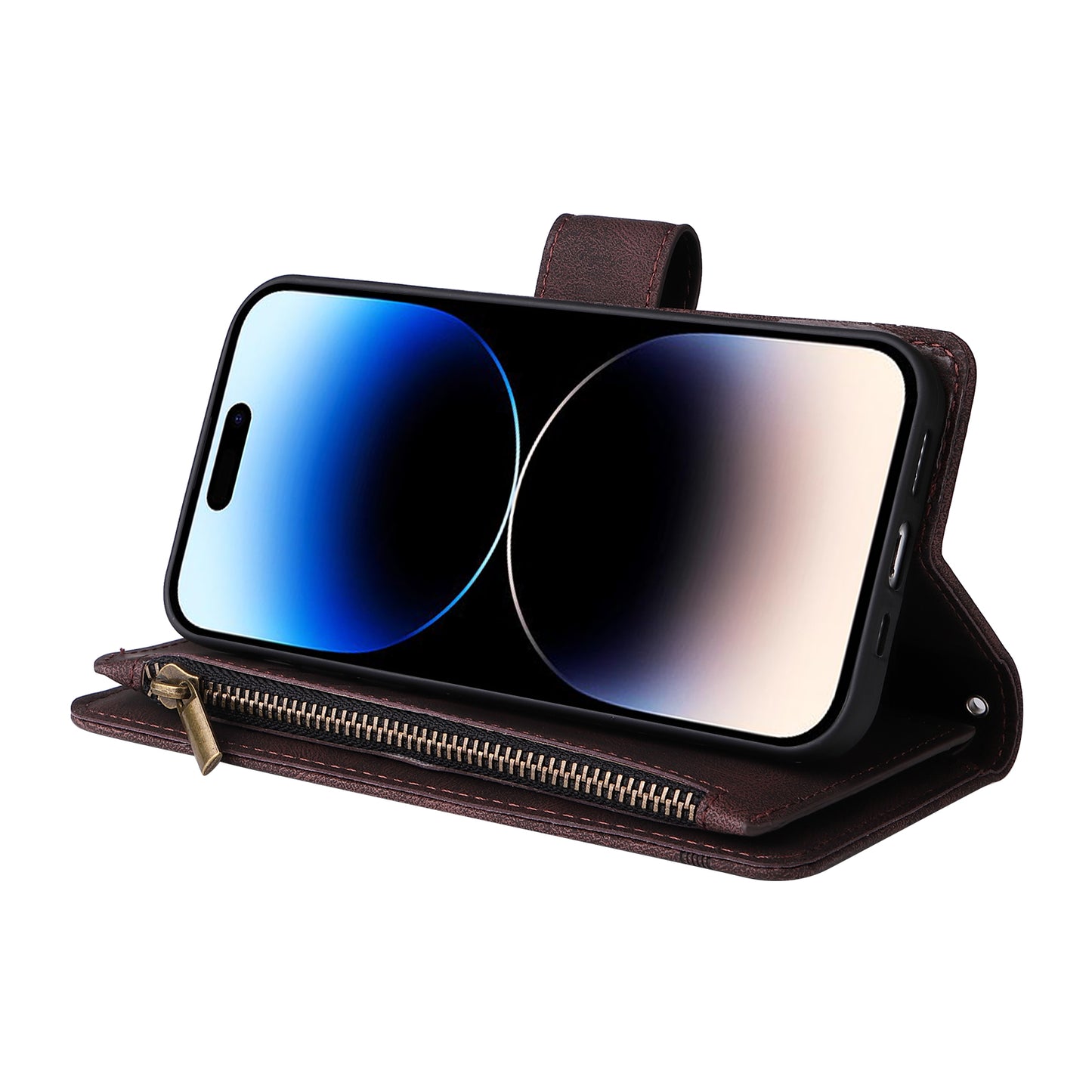 Uniqkart for iPhone 15 Ultra Zipper Pocket Phone Case Imprinted Skin-touch Wallet Stand PU Leather Cover with Multiple Card Slots - Brown