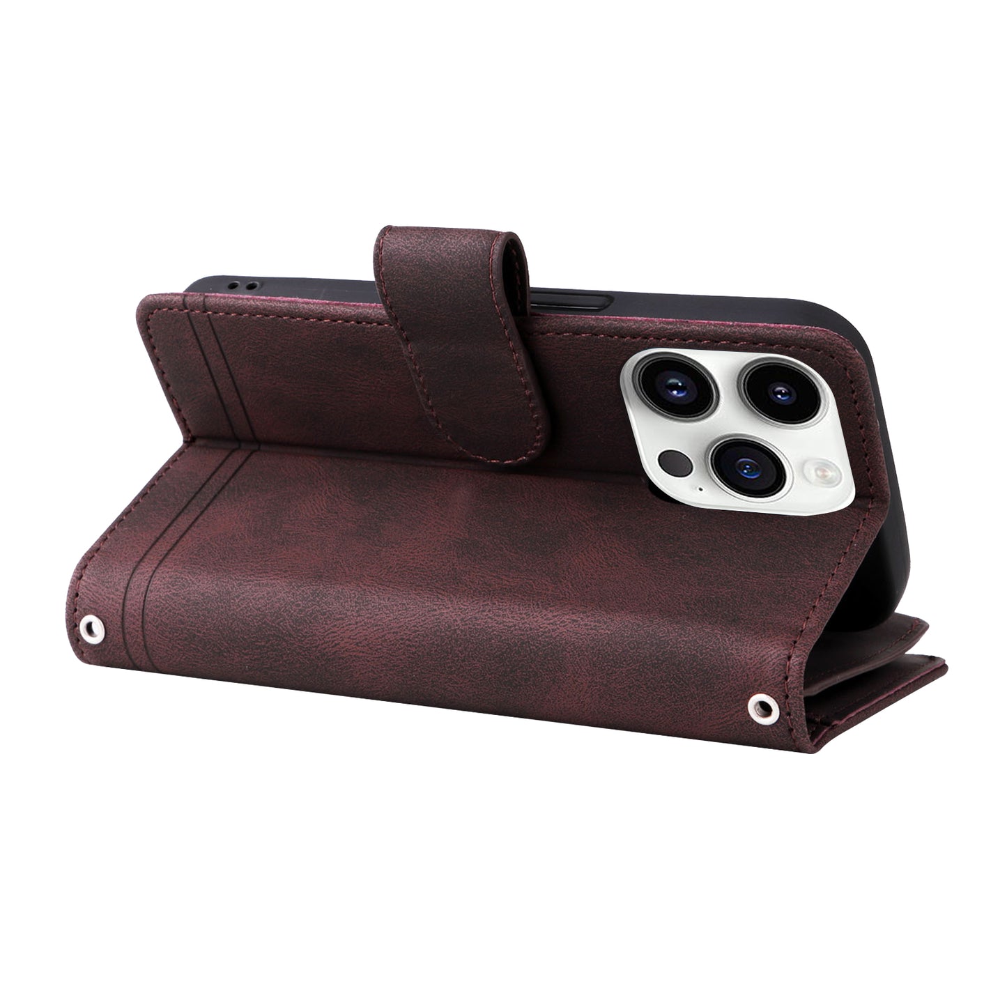 Uniqkart for iPhone 15 Ultra Zipper Pocket Phone Case Imprinted Skin-touch Wallet Stand PU Leather Cover with Multiple Card Slots - Brown