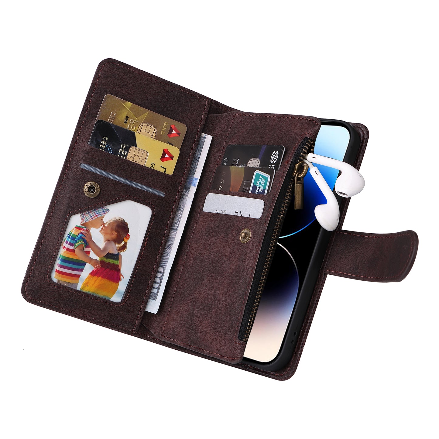 Uniqkart for iPhone 15 Ultra Zipper Pocket Phone Case Imprinted Skin-touch Wallet Stand PU Leather Cover with Multiple Card Slots - Brown