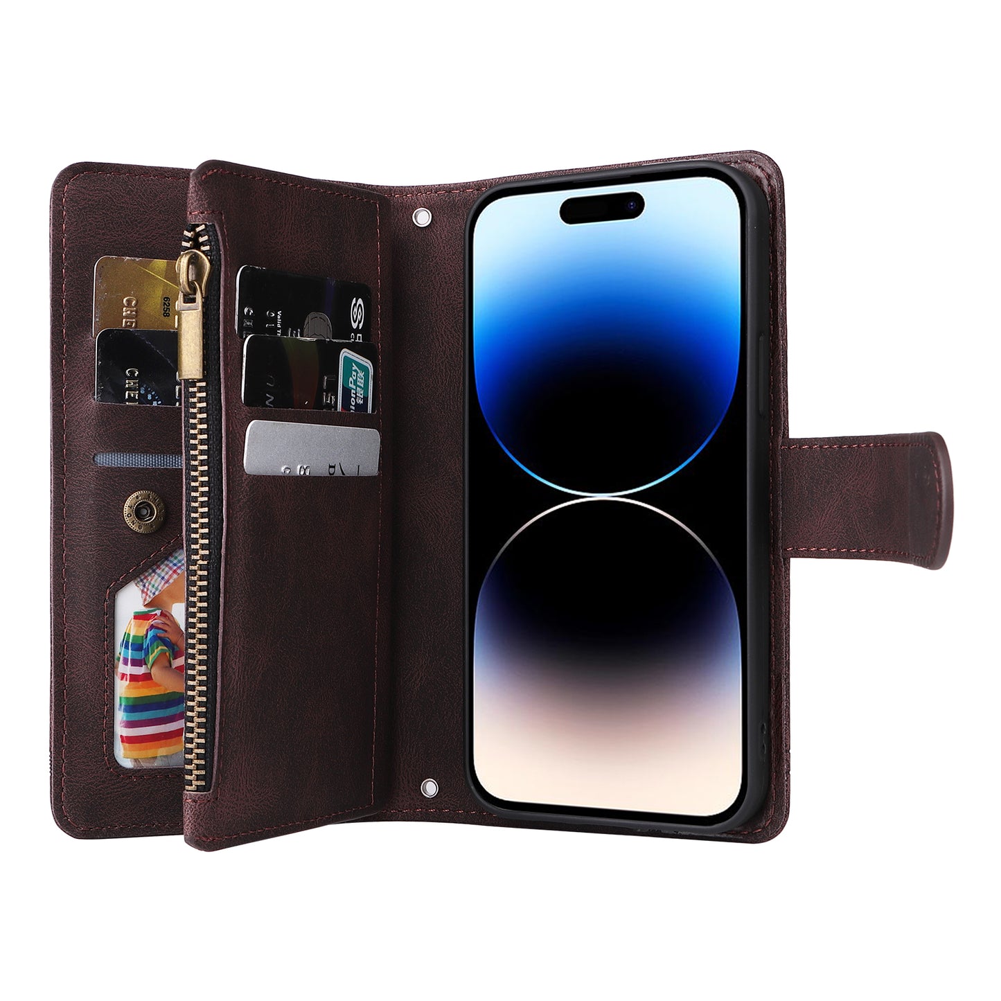 Uniqkart for iPhone 15 Ultra Zipper Pocket Phone Case Imprinted Skin-touch Wallet Stand PU Leather Cover with Multiple Card Slots - Brown