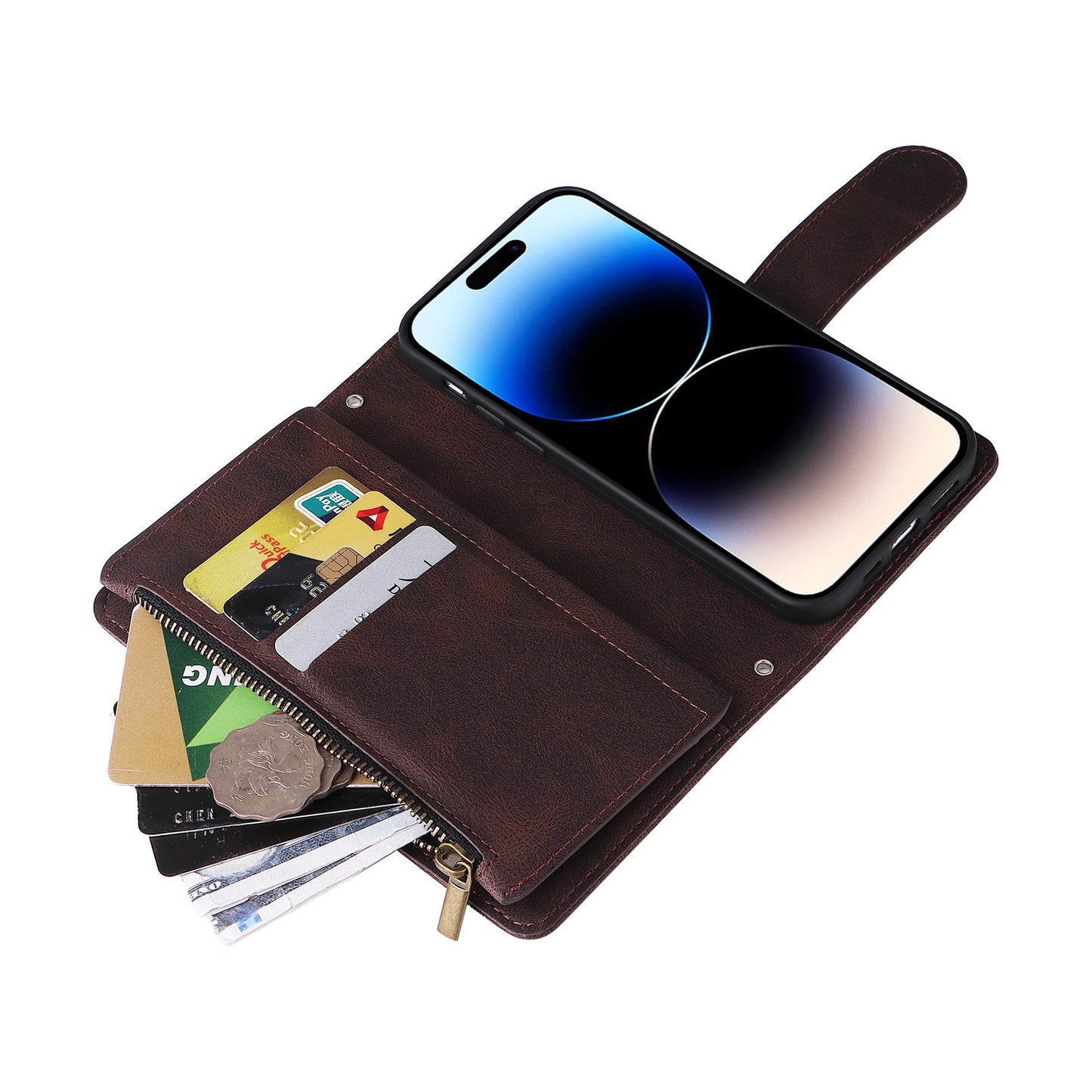 Uniqkart for iPhone 15 Ultra Zipper Pocket Phone Case Imprinted Skin-touch Wallet Stand PU Leather Cover with Multiple Card Slots - Brown