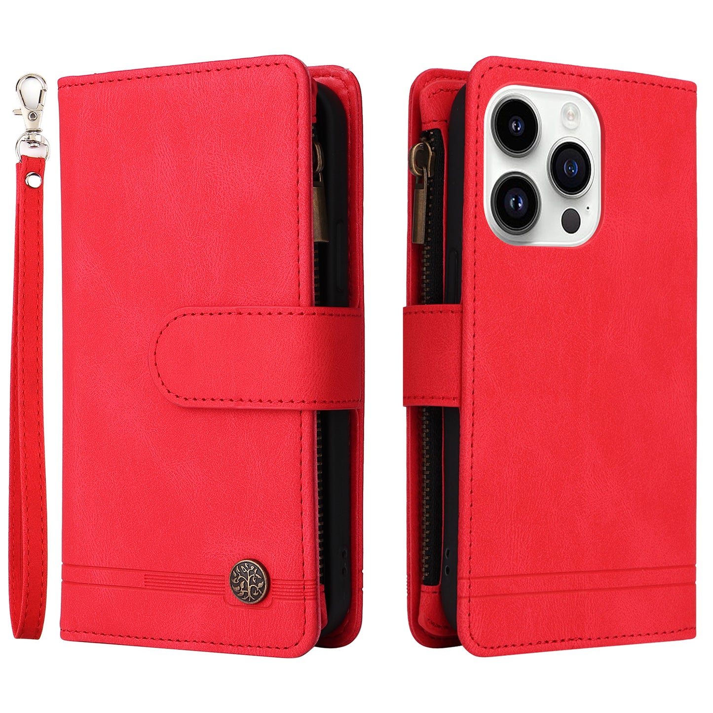Uniqkart for iPhone 15 Ultra Zipper Pocket Phone Case Imprinted Skin-touch Wallet Stand PU Leather Cover with Multiple Card Slots - Red