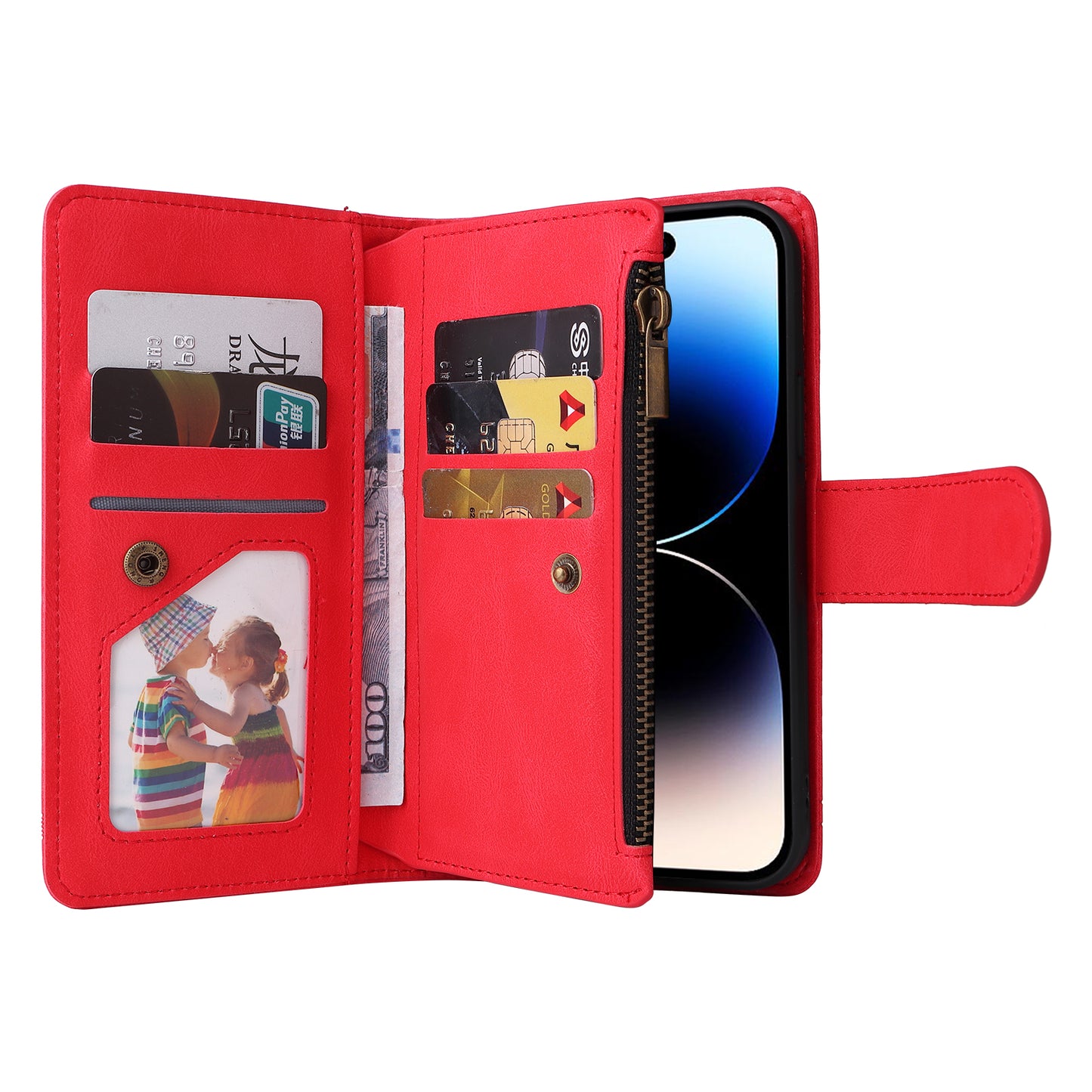 Uniqkart for iPhone 15 Ultra Zipper Pocket Phone Case Imprinted Skin-touch Wallet Stand PU Leather Cover with Multiple Card Slots - Red