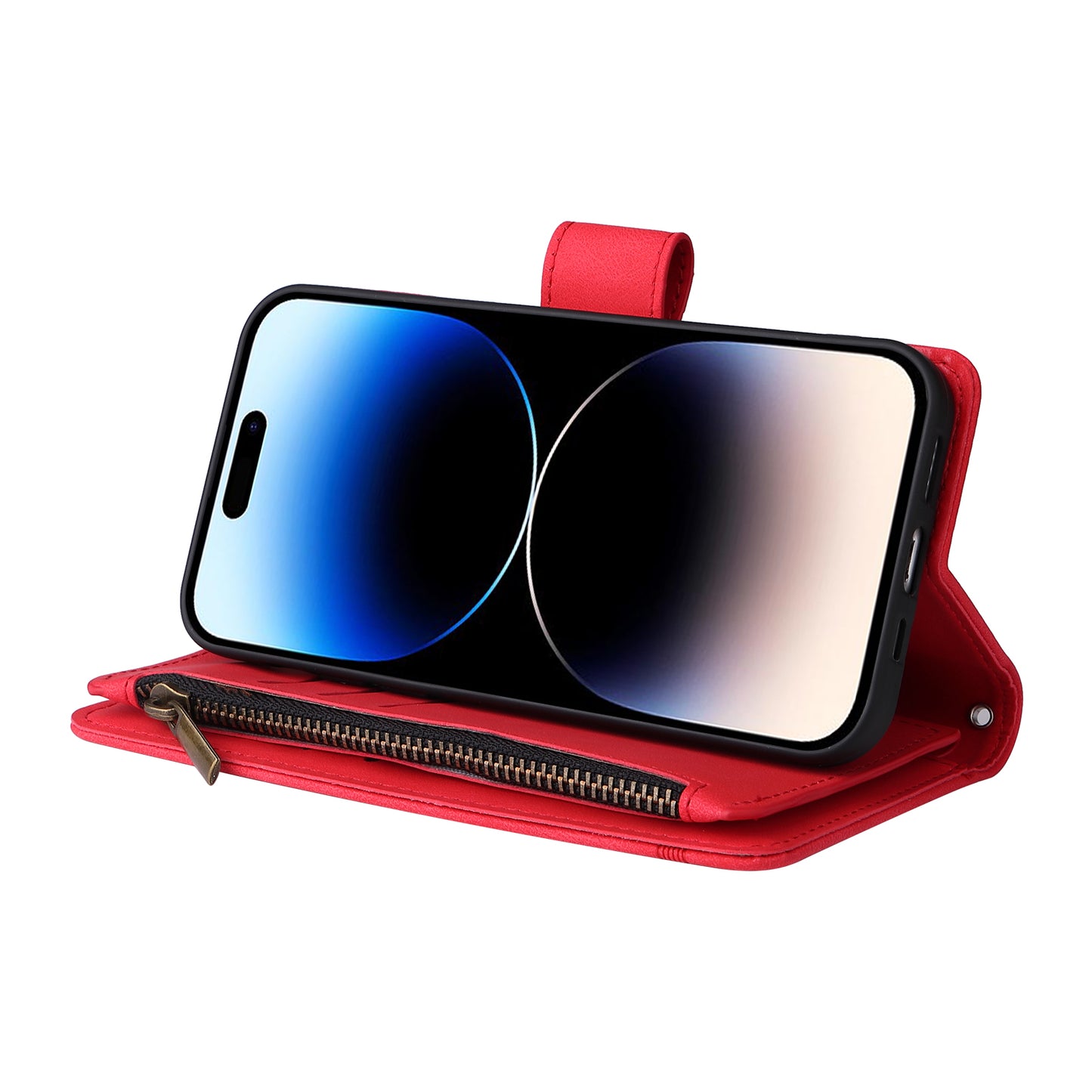 Uniqkart for iPhone 15 Ultra Zipper Pocket Phone Case Imprinted Skin-touch Wallet Stand PU Leather Cover with Multiple Card Slots - Red