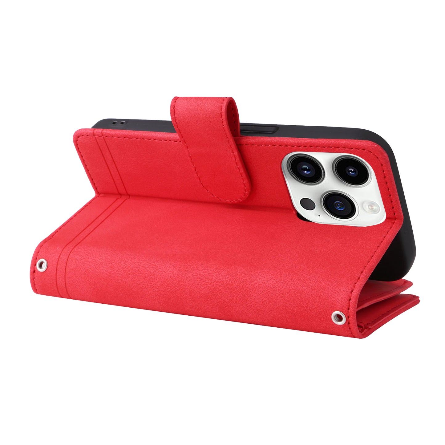 Uniqkart for iPhone 15 Ultra Zipper Pocket Phone Case Imprinted Skin-touch Wallet Stand PU Leather Cover with Multiple Card Slots - Red