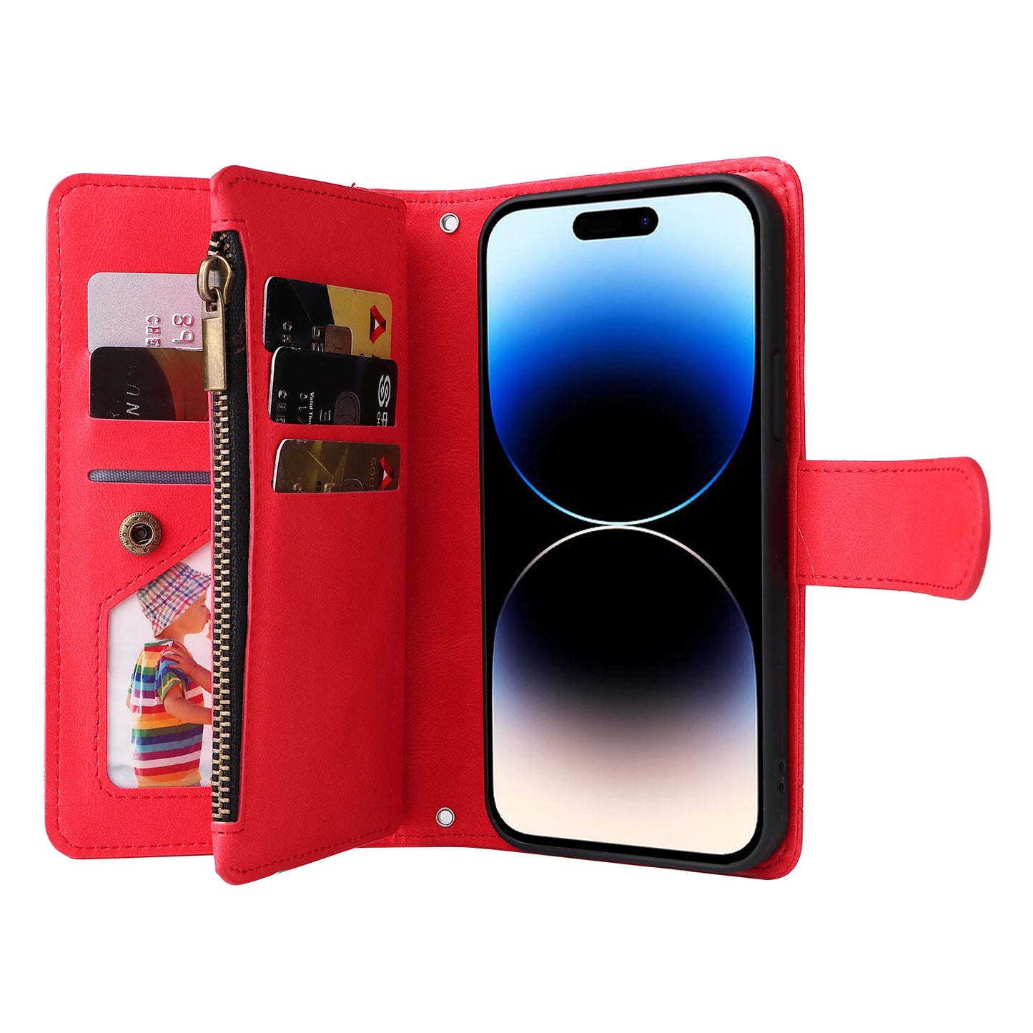 Uniqkart for iPhone 15 Ultra Zipper Pocket Phone Case Imprinted Skin-touch Wallet Stand PU Leather Cover with Multiple Card Slots - Red