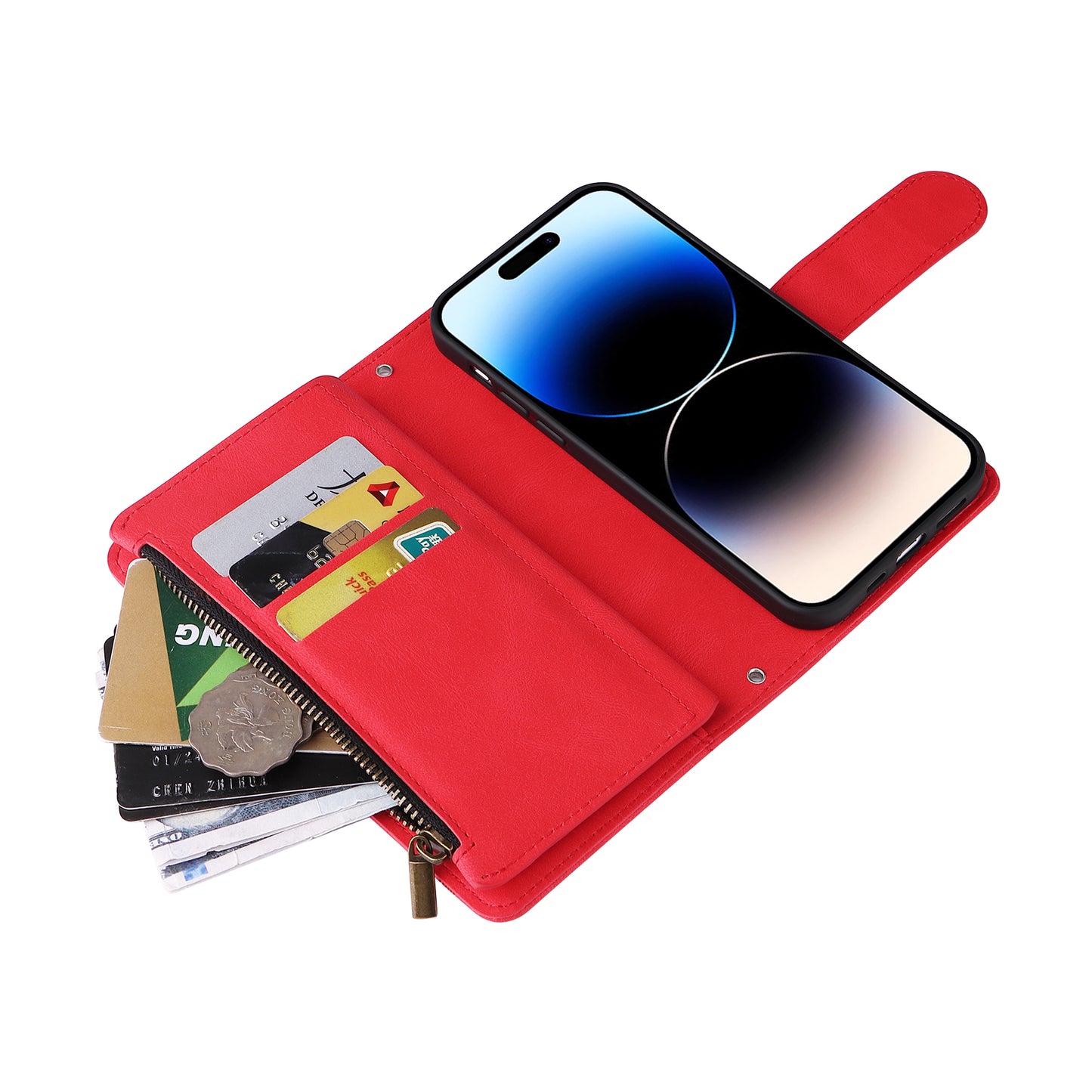 Uniqkart for iPhone 15 Ultra Zipper Pocket Phone Case Imprinted Skin-touch Wallet Stand PU Leather Cover with Multiple Card Slots - Red