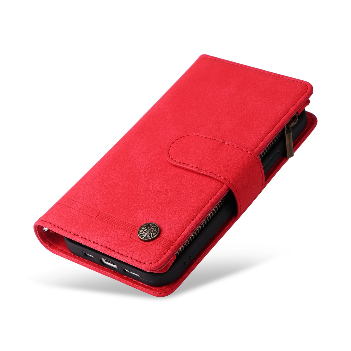 Uniqkart for iPhone 15 Ultra Zipper Pocket Phone Case Imprinted Skin-touch Wallet Stand PU Leather Cover with Multiple Card Slots - Red