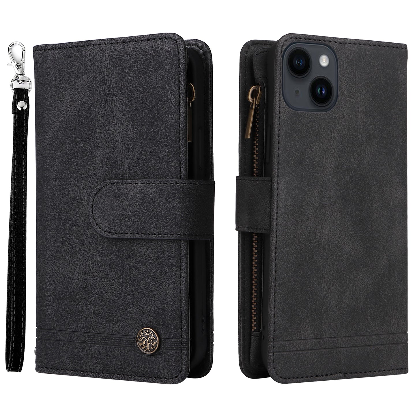 Skin-touch Phone Case for iPhone 15 Zipper Pocket Imprinted Wallet Stand Multiple Card Slots PU Leather Cover - Black