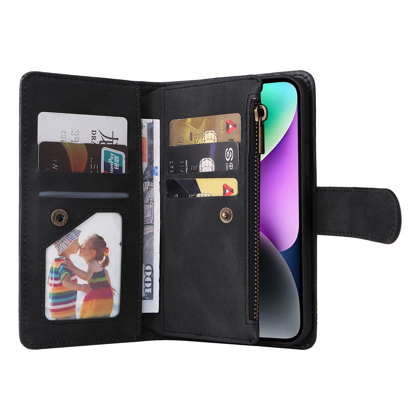 Skin-touch Phone Case for iPhone 15 Zipper Pocket Imprinted Wallet Stand Multiple Card Slots PU Leather Cover - Black