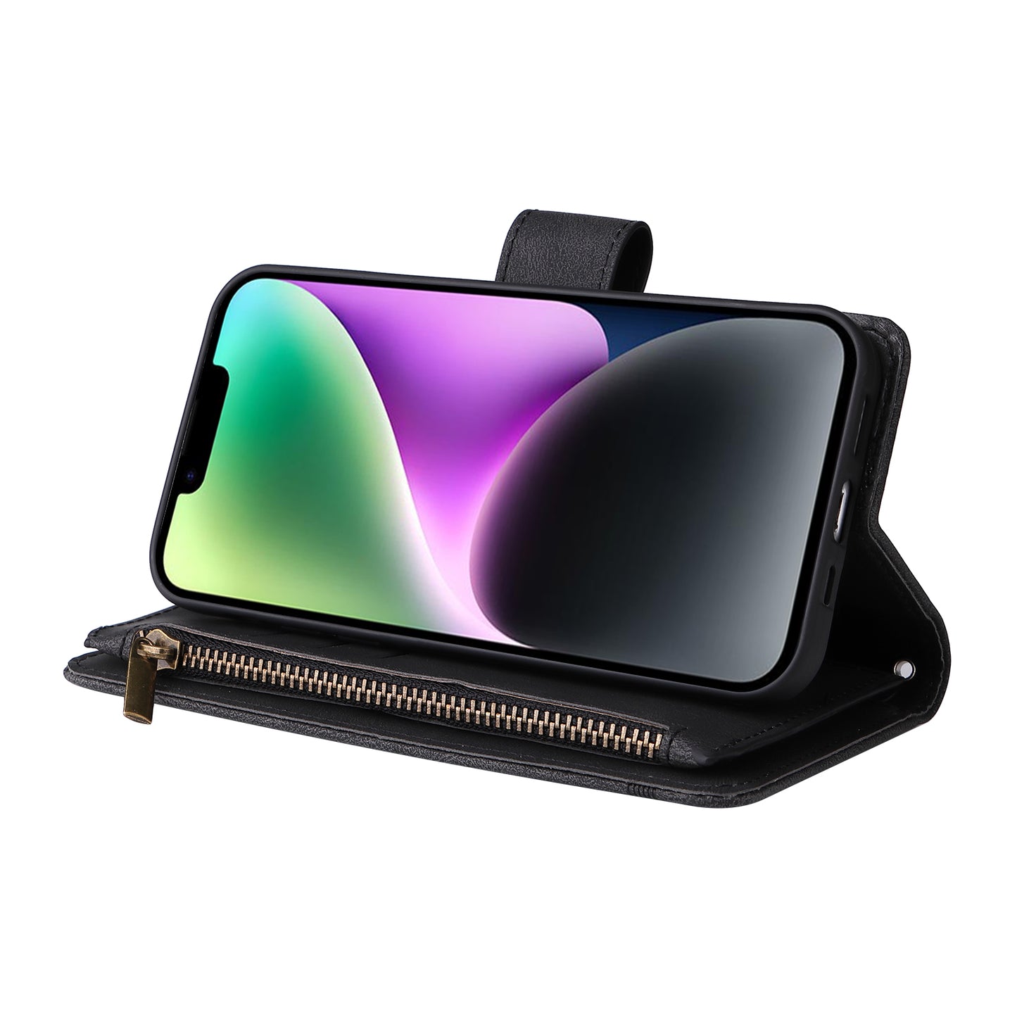 Skin-touch Phone Case for iPhone 15 Zipper Pocket Imprinted Wallet Stand Multiple Card Slots PU Leather Cover - Black
