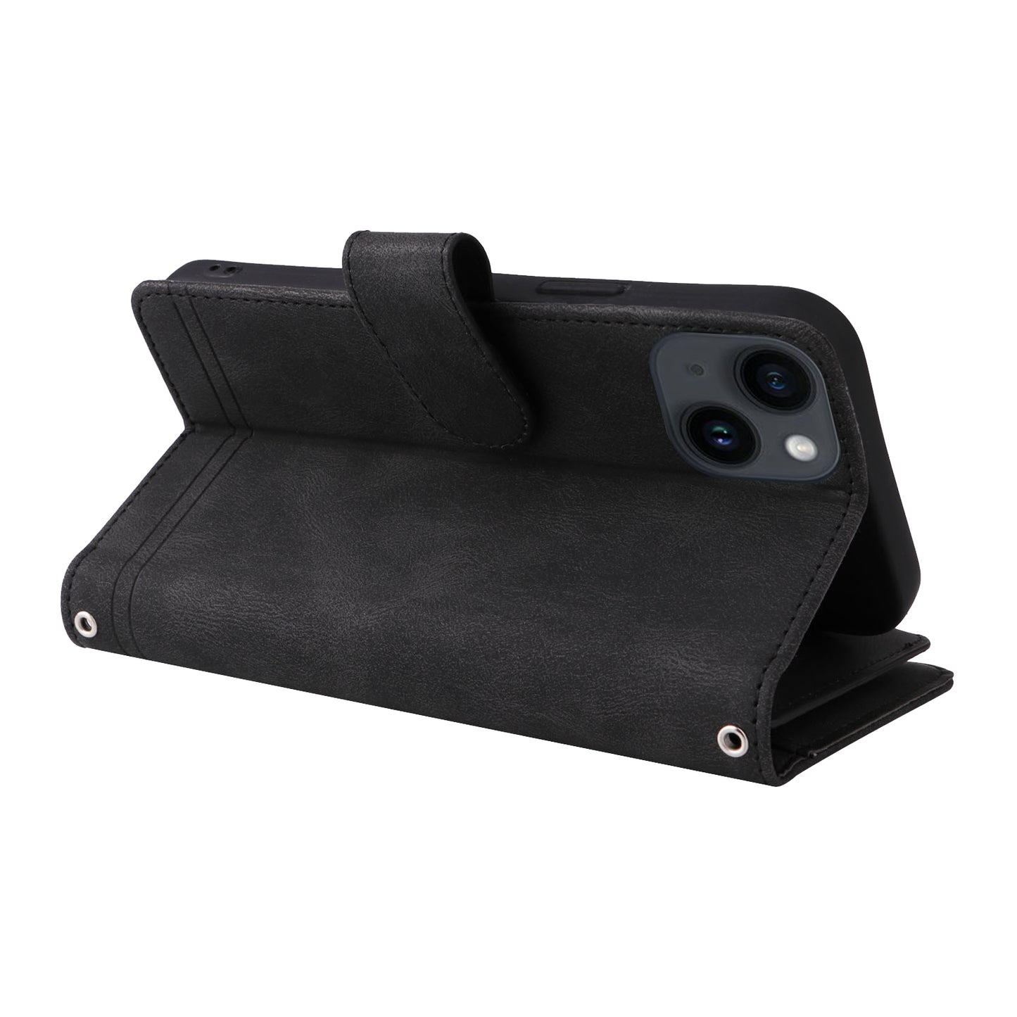 Skin-touch Phone Case for iPhone 15 Zipper Pocket Imprinted Wallet Stand Multiple Card Slots PU Leather Cover - Black