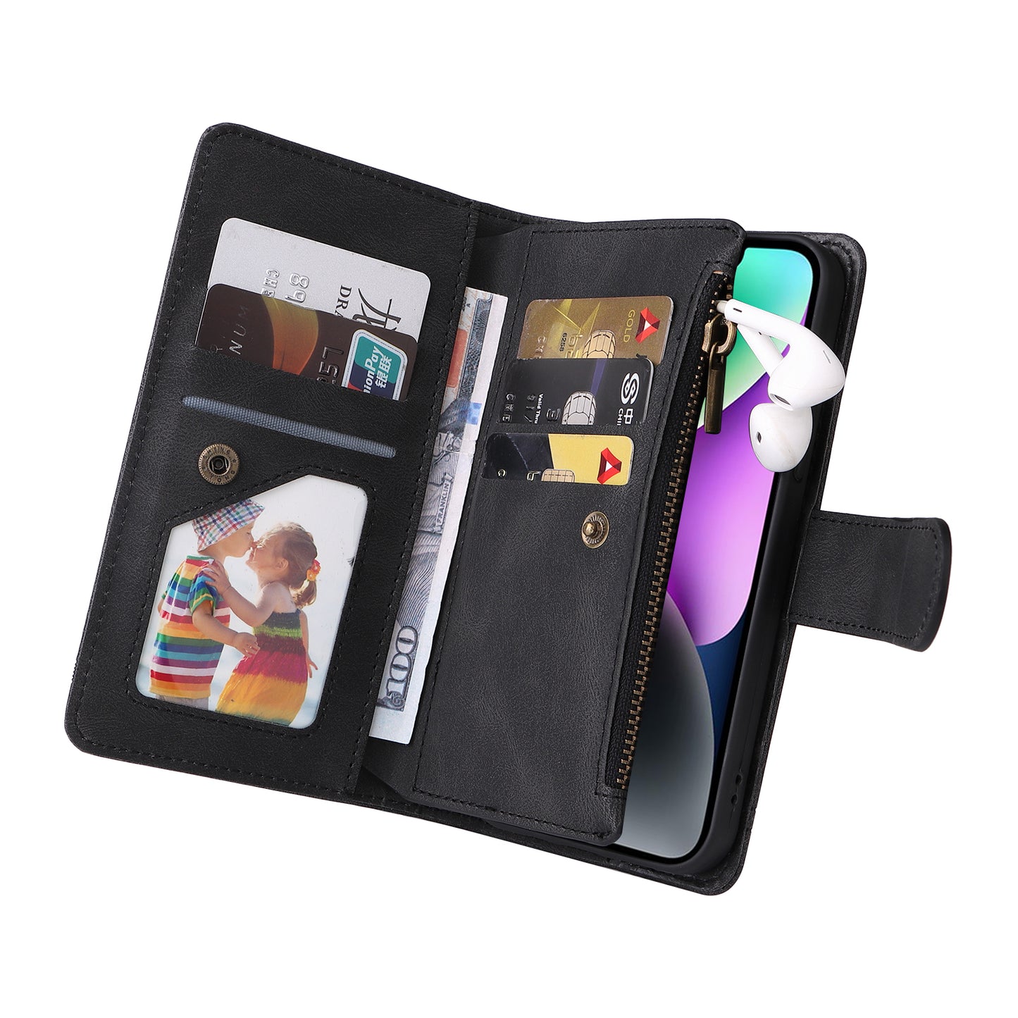 Skin-touch Phone Case for iPhone 15 Zipper Pocket Imprinted Wallet Stand Multiple Card Slots PU Leather Cover - Black