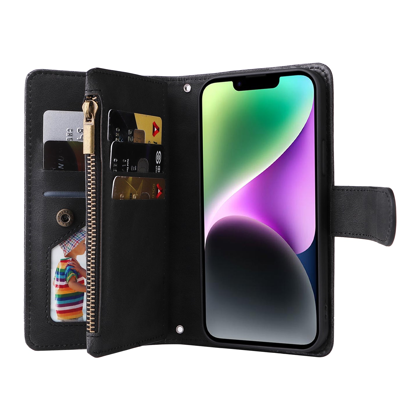 Skin-touch Phone Case for iPhone 15 Zipper Pocket Imprinted Wallet Stand Multiple Card Slots PU Leather Cover - Black