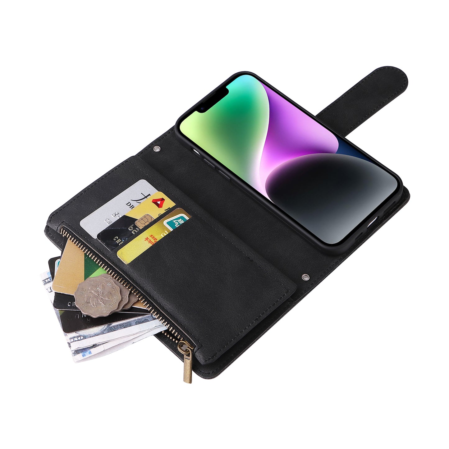 Skin-touch Phone Case for iPhone 15 Zipper Pocket Imprinted Wallet Stand Multiple Card Slots PU Leather Cover - Black