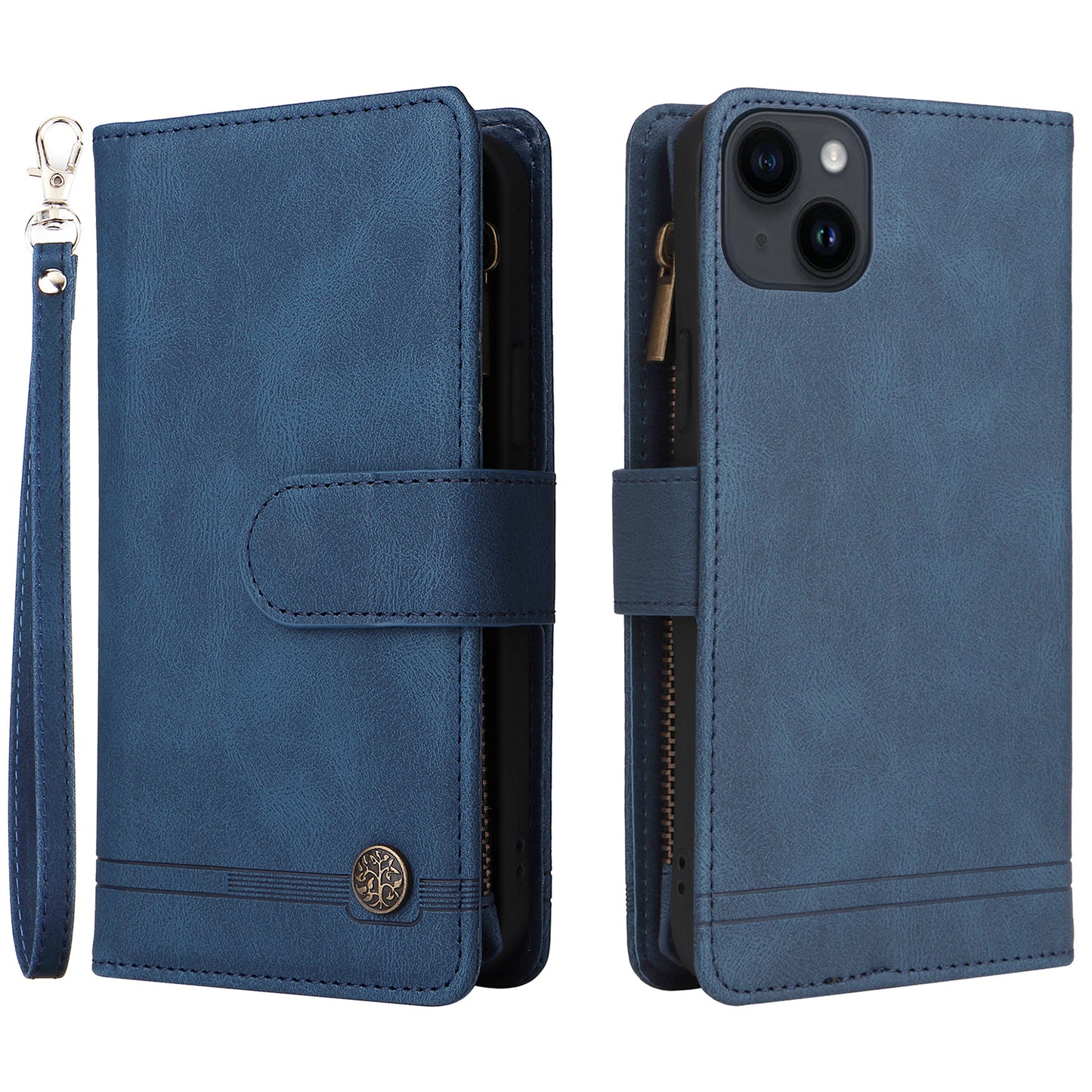Skin-touch Phone Case for iPhone 15 Zipper Pocket Imprinted Wallet Stand Multiple Card Slots PU Leather Cover - Blue