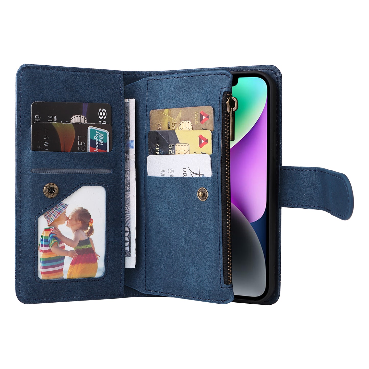 Skin-touch Phone Case for iPhone 15 Zipper Pocket Imprinted Wallet Stand Multiple Card Slots PU Leather Cover - Blue