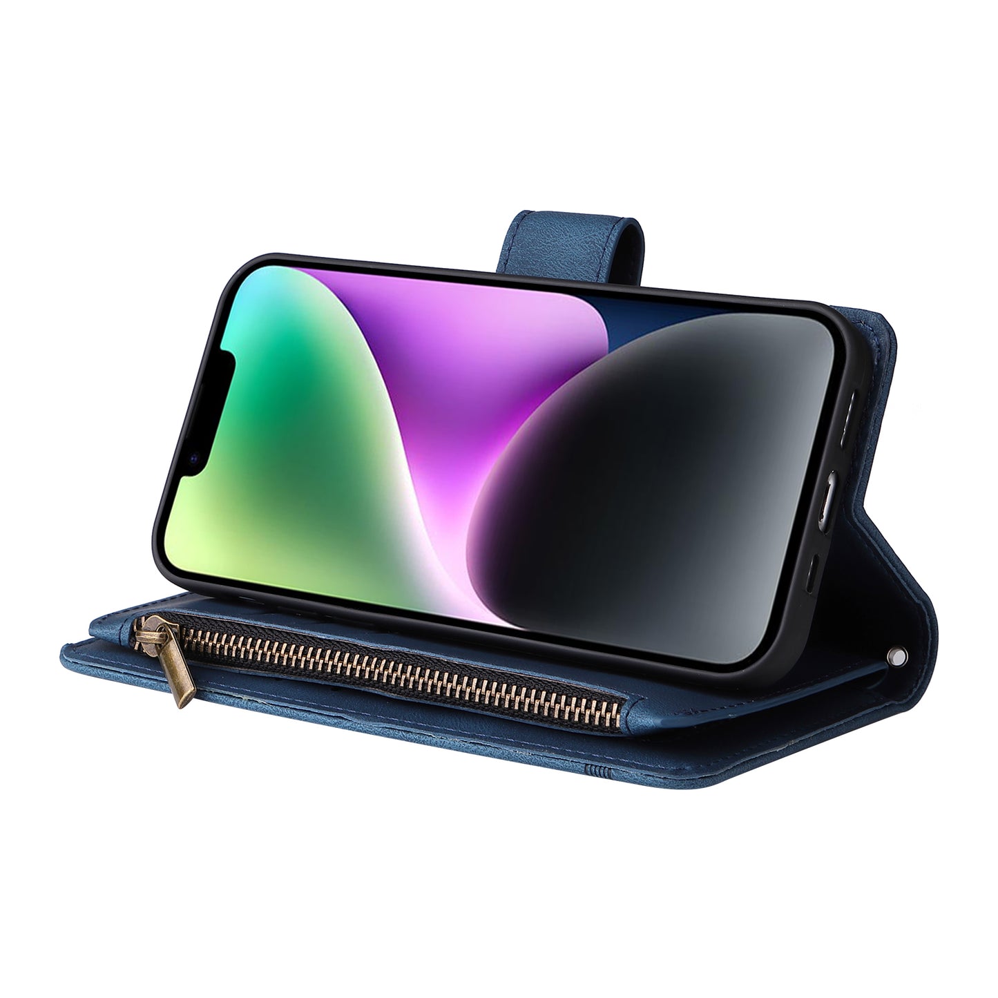 Skin-touch Phone Case for iPhone 15 Zipper Pocket Imprinted Wallet Stand Multiple Card Slots PU Leather Cover - Blue