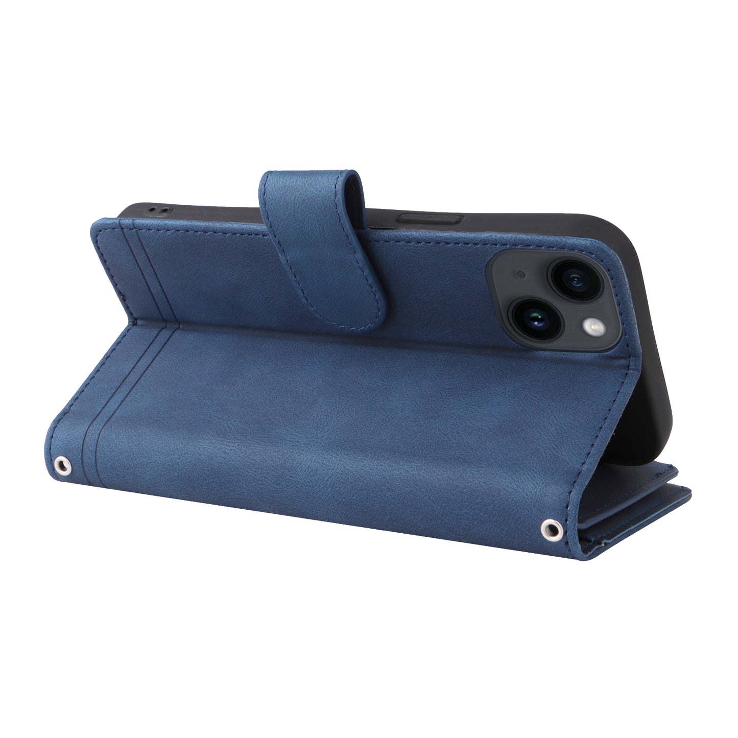 Skin-touch Phone Case for iPhone 15 Zipper Pocket Imprinted Wallet Stand Multiple Card Slots PU Leather Cover - Blue