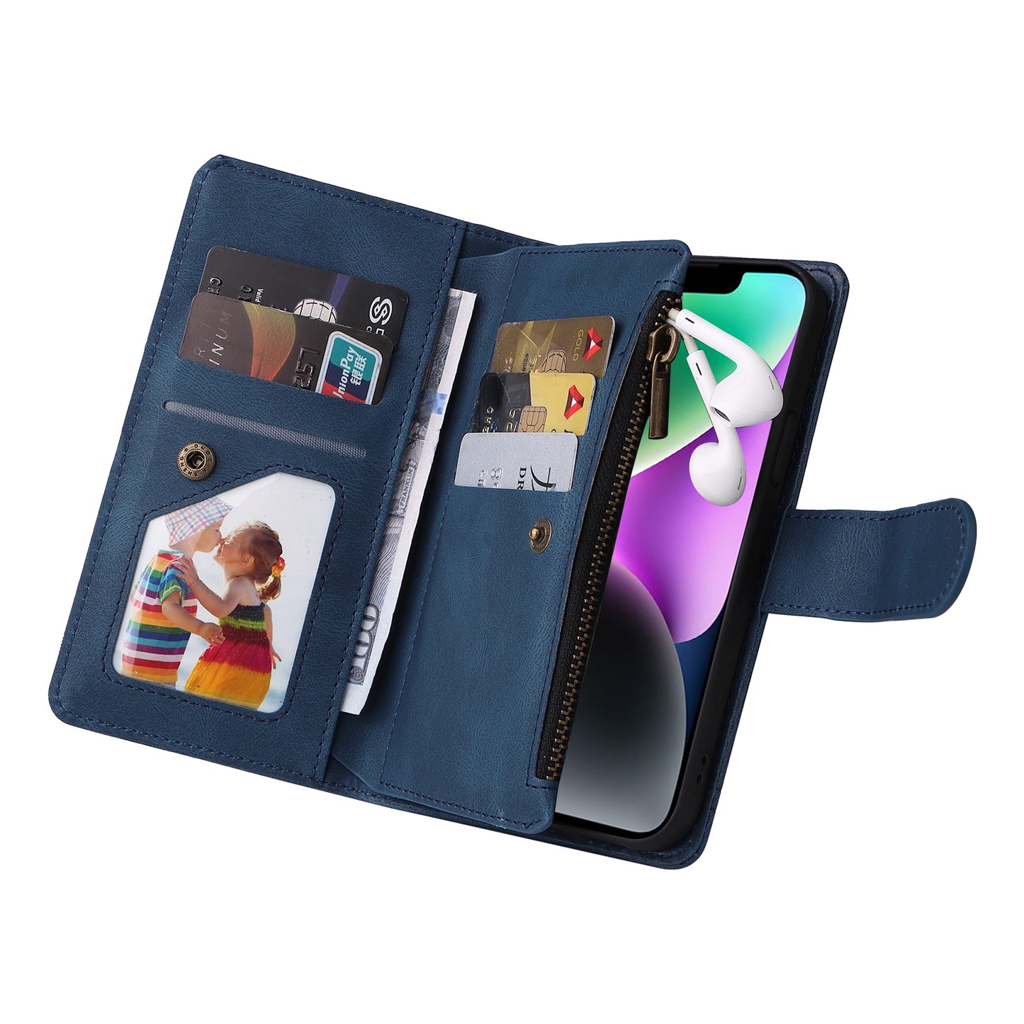 Skin-touch Phone Case for iPhone 15 Zipper Pocket Imprinted Wallet Stand Multiple Card Slots PU Leather Cover - Blue